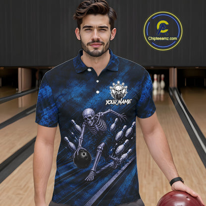 Personalized Bowling Tournament Jersey & Custom Team Shirts, Blue Skeleton Bowling Polo For Men NHT1603