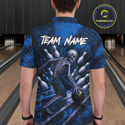 Personalized Bowling Tournament Jersey & Custom Team Shirts, Blue Skeleton Bowling Polo For Men NHT1603