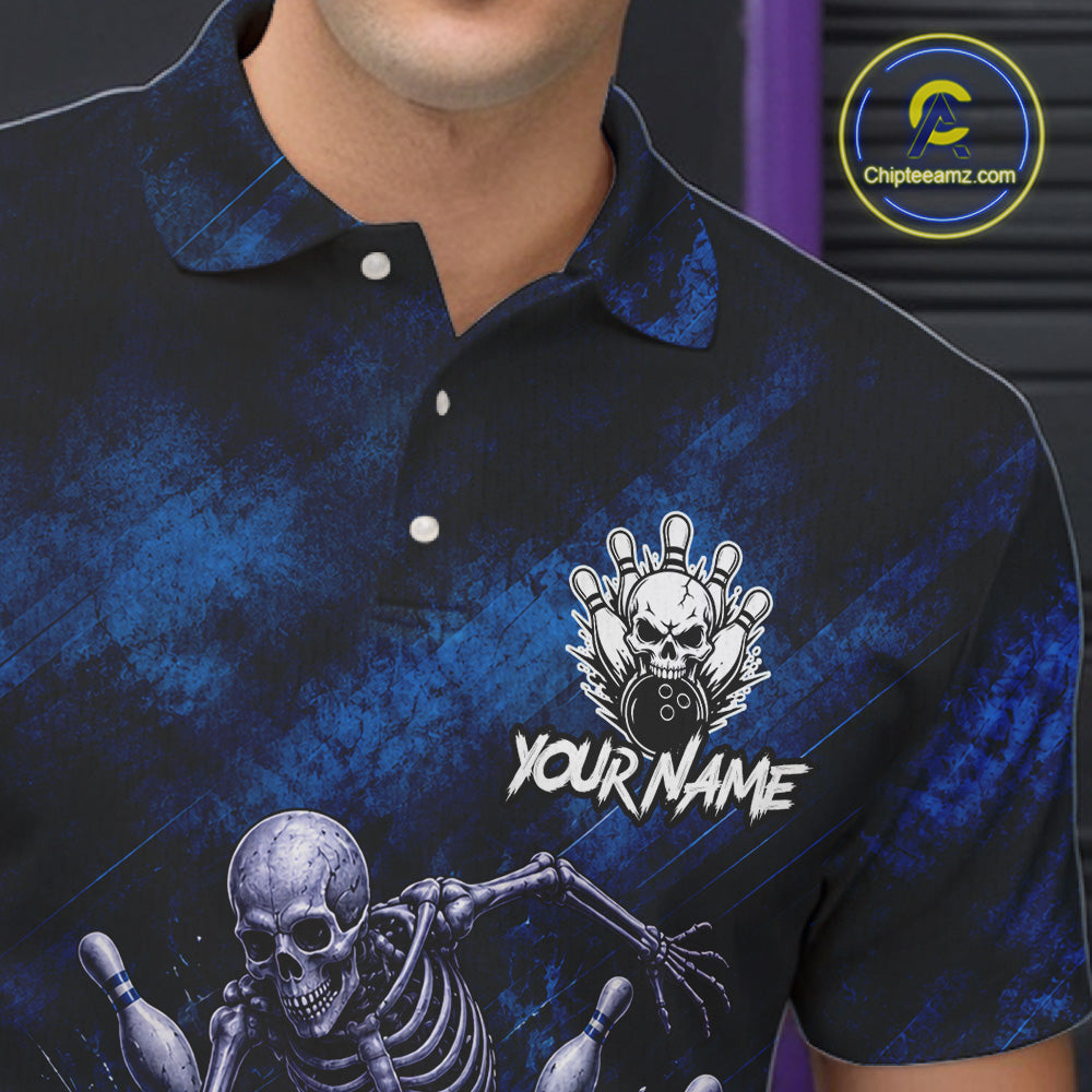 Personalized Bowling Tournament Jersey & Custom Team Shirts, Blue Skeleton Bowling Polo For Men NHT1603