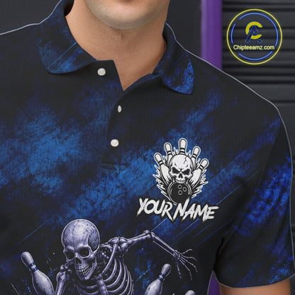 Personalized Bowling Tournament Jersey & Custom Team Shirts, Blue Skeleton Bowling Polo For Men NHT1603