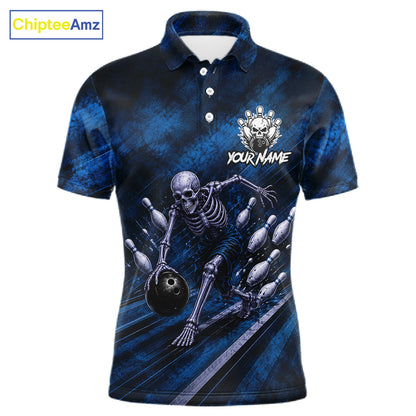 Personalized Bowling Tournament Jersey & Custom Team Shirts, Blue Skeleton Bowling Polo For Men NHT1603