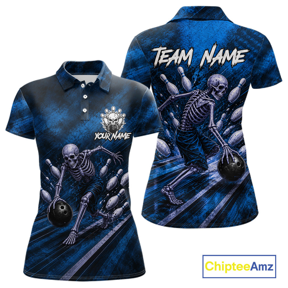 Personalized Bowling Tournament Jersey & Custom Team Shirts, Blue Skeleton Bowling Polo For Women NHT1603