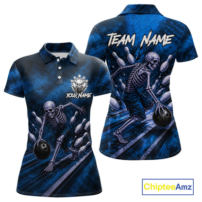 Personalized Bowling Tournament Jersey & Custom Team Shirts, Blue Skeleton Bowling Polo For Women NHT1603