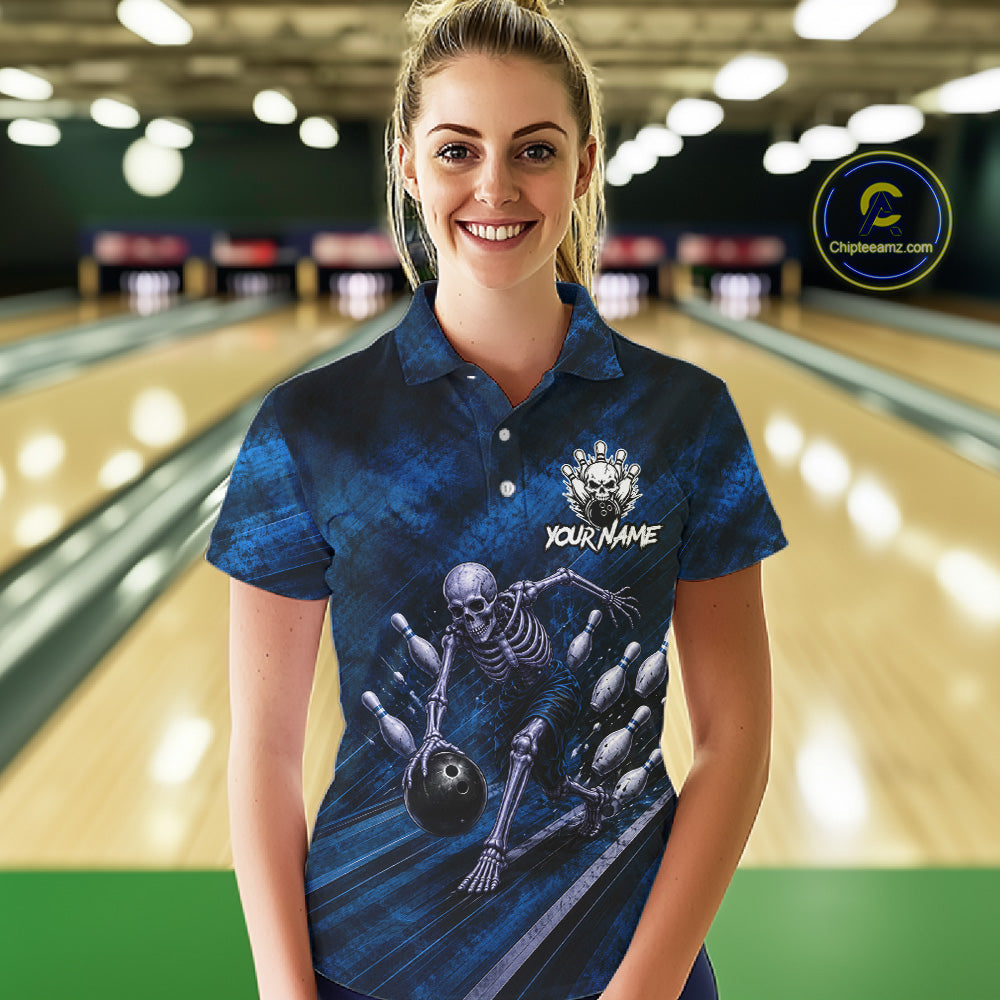 Personalized Bowling Tournament Jersey & Custom Team Shirts, Blue Skeleton Bowling Polo For Women NHT1603
