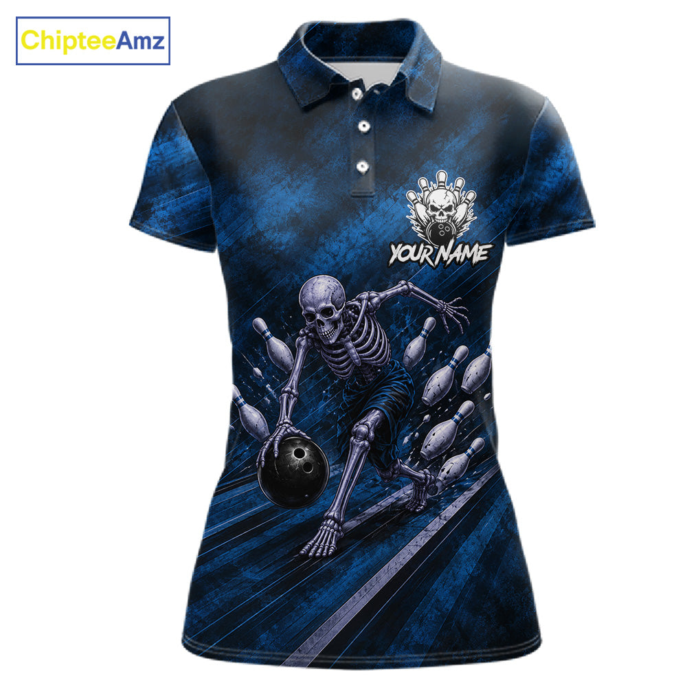 Personalized Bowling Tournament Jersey & Custom Team Shirts, Blue Skeleton Bowling Polo For Women NHT1603