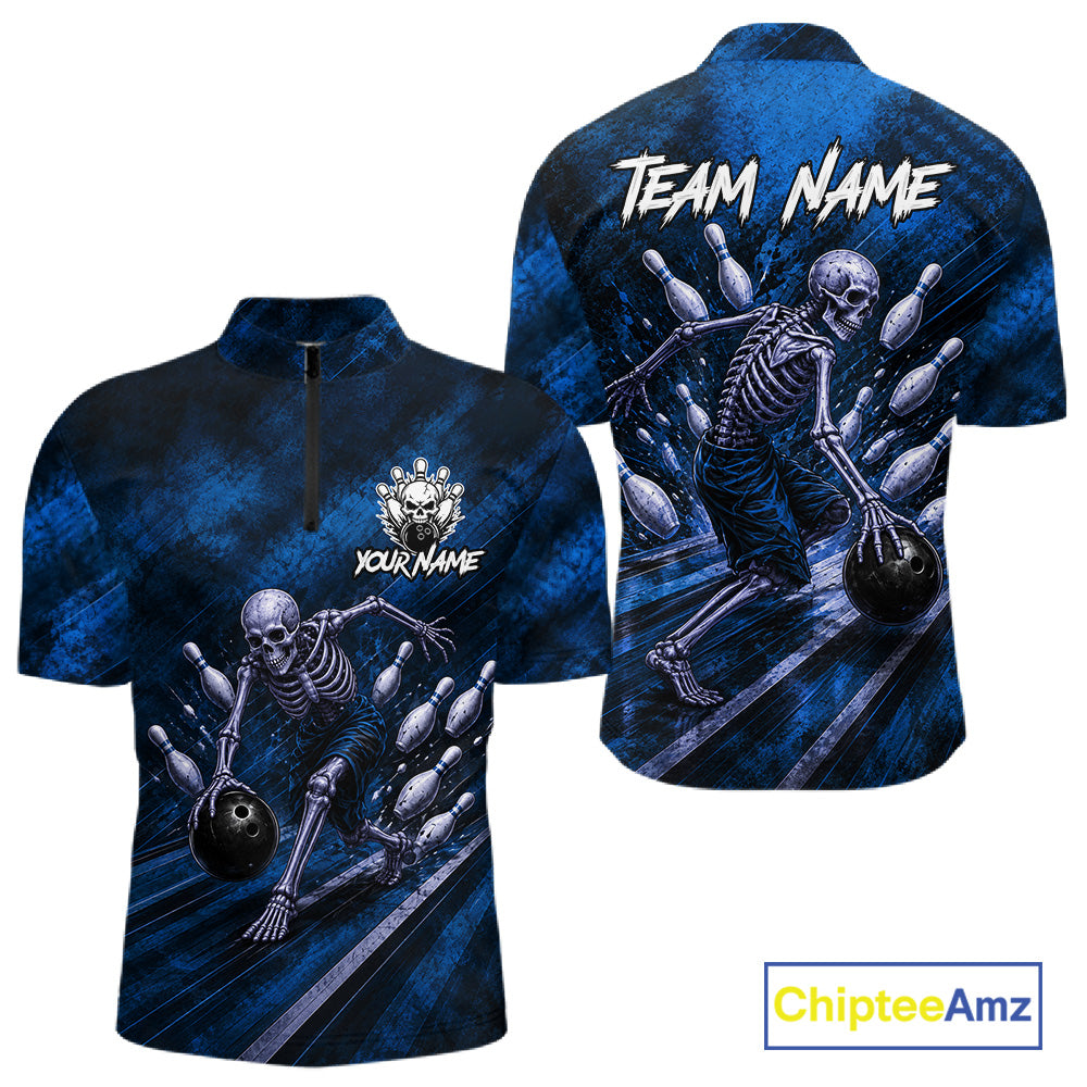 Personalized Bowling Tournament Jersey & Custom Team Shirts, Blue Skeleton Bowling Polo For Men NHT1603