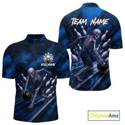Personalized Bowling Tournament Jersey & Custom Team Shirts, Blue Skeleton Bowling Polo For Men NHT1603