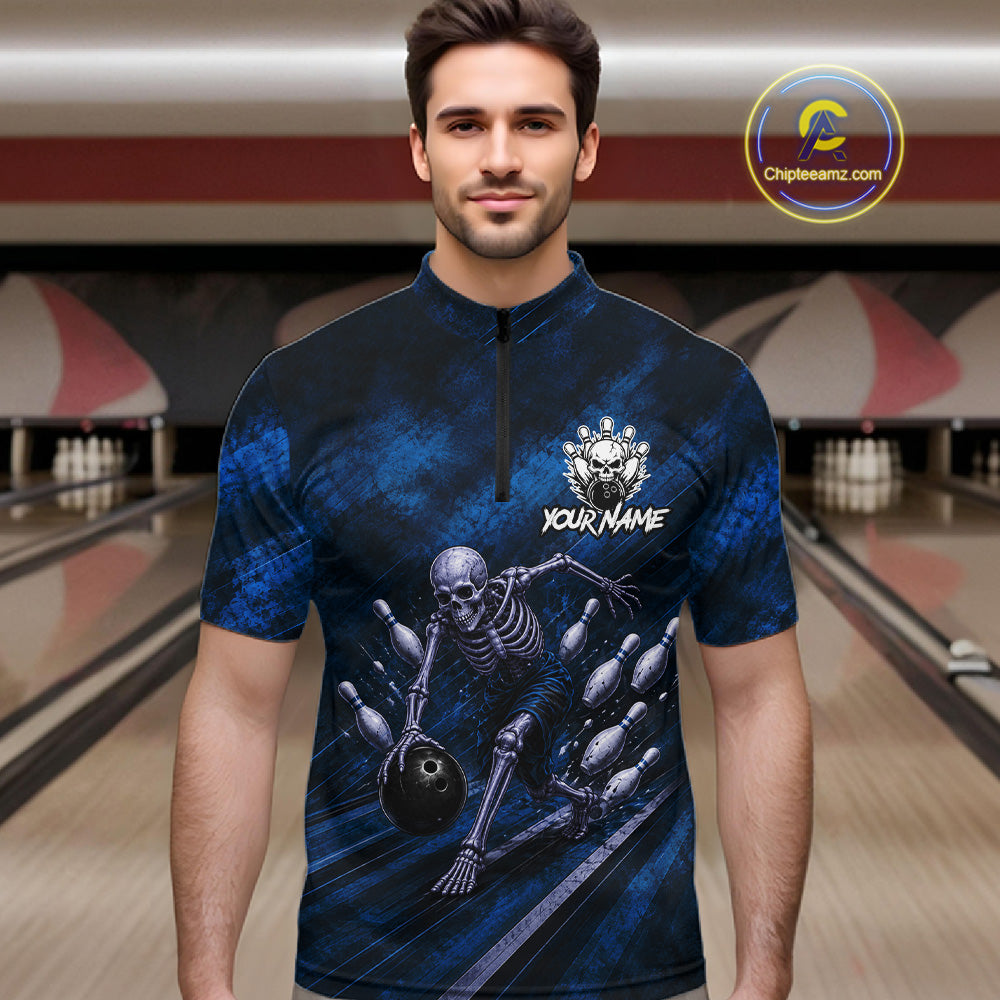 Personalized Bowling Tournament Jersey & Custom Team Shirts, Blue Skeleton Bowling Polo For Men NHT1603