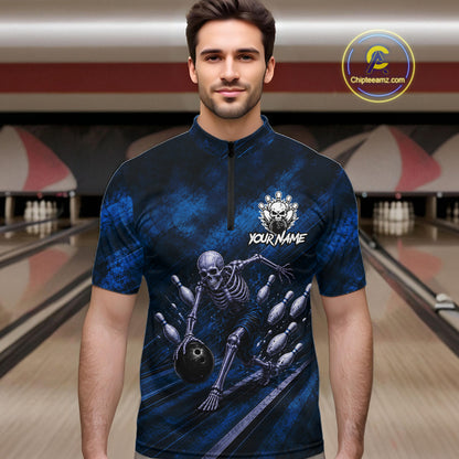 Personalized Bowling Tournament Jersey & Custom Team Shirts, Blue Skeleton Bowling Polo For Men NHT1603