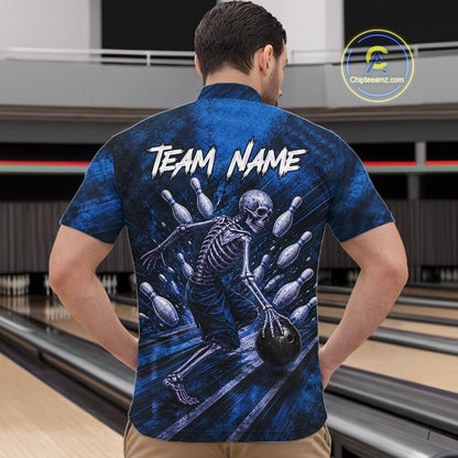 Personalized Bowling Tournament Jersey & Custom Team Shirts, Blue Skeleton Bowling Polo For Men NHT1603