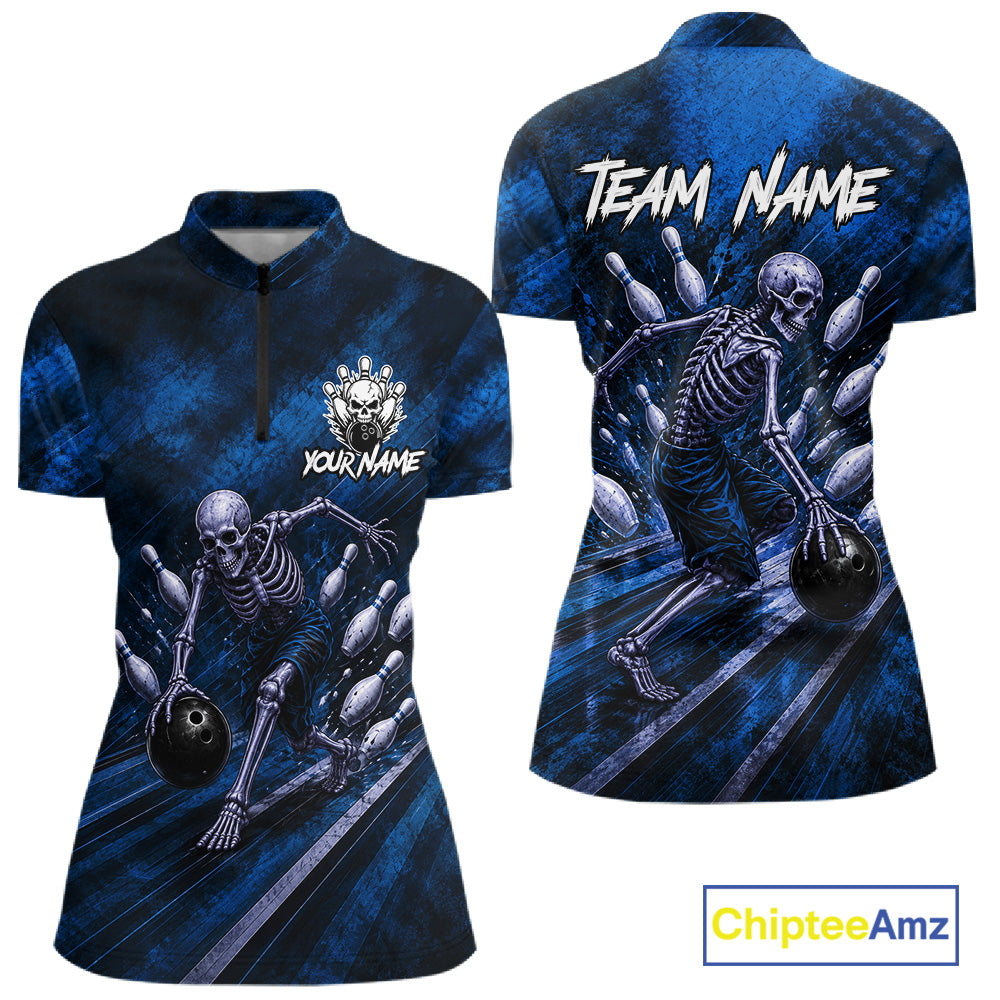 Personalized Bowling Tournament Jersey & Custom Team Shirts, Blue Skeleton Bowling Polo For Women NHT1603