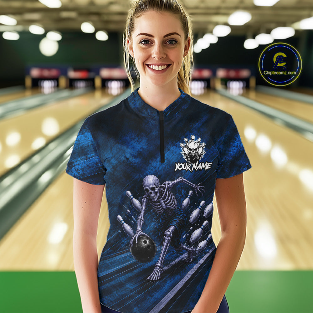 Personalized Bowling Tournament Jersey & Custom Team Shirts, Blue Skeleton Bowling Polo For Women NHT1603