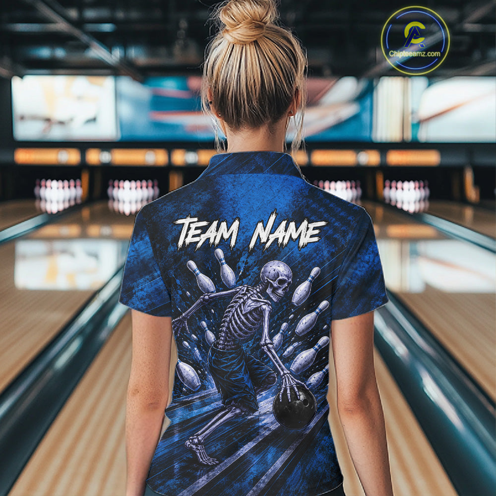 Personalized Bowling Tournament Jersey & Custom Team Shirts, Blue Skeleton Bowling Polo For Women NHT1603