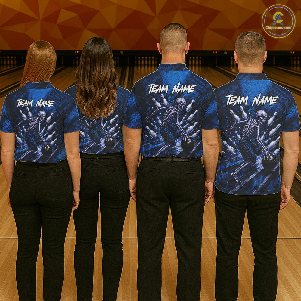 Personalized Bowling Tournament Jersey & Custom Team Shirts, Blue Skeleton Bowling Polo For Women NHT1603