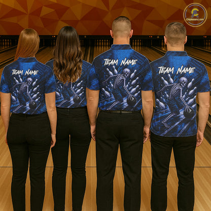 Personalized Bowling Tournament Jersey & Custom Team Shirts, Blue Skeleton Bowling Polo For Men NHT1603