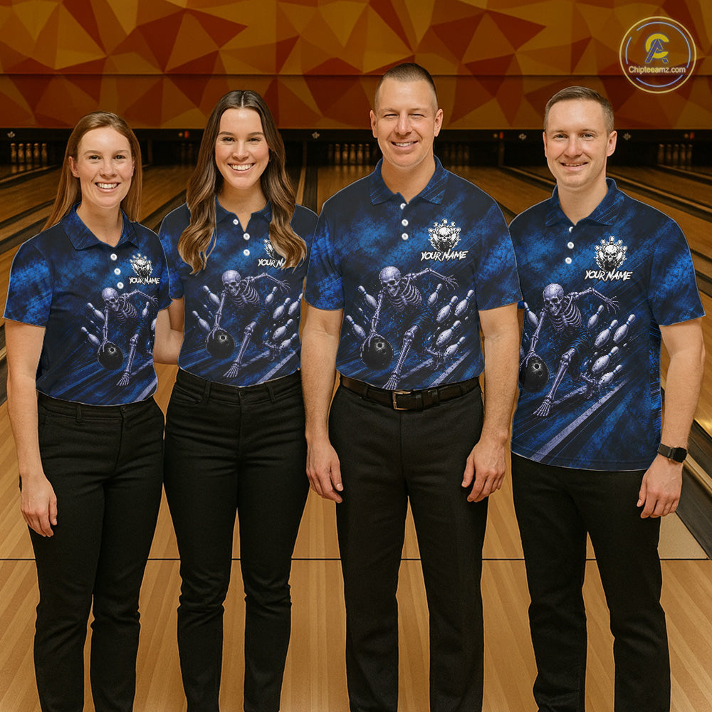 Personalized Bowling Tournament Jersey & Custom Team Shirts, Blue Skeleton Bowling Polo For Men NHT1603