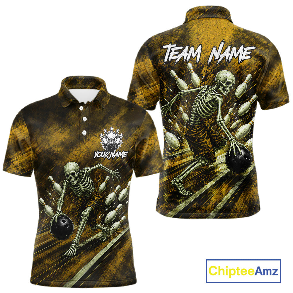 Personalized Bowling Tournament Jersey & Custom Team Shirts, Yellow Skeleton Bowling Polo For Men NHT1604