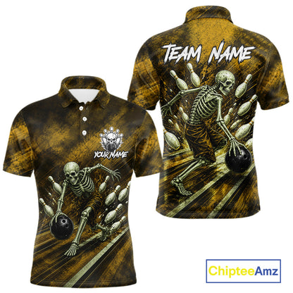 Personalized Bowling Tournament Jersey & Custom Team Shirts, Yellow Skeleton Bowling Polo For Men NHT1604