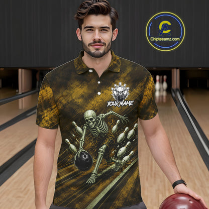 Personalized Bowling Tournament Jersey & Custom Team Shirts, Yellow Skeleton Bowling Polo For Men NHT1604
