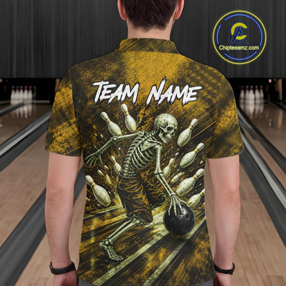 Personalized Bowling Tournament Jersey & Custom Team Shirts, Yellow Skeleton Bowling Polo For Men NHT1604