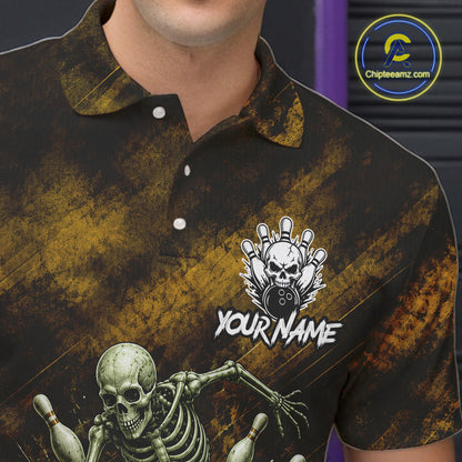 Personalized Bowling Tournament Jersey & Custom Team Shirts, Yellow Skeleton Bowling Polo For Men NHT1604