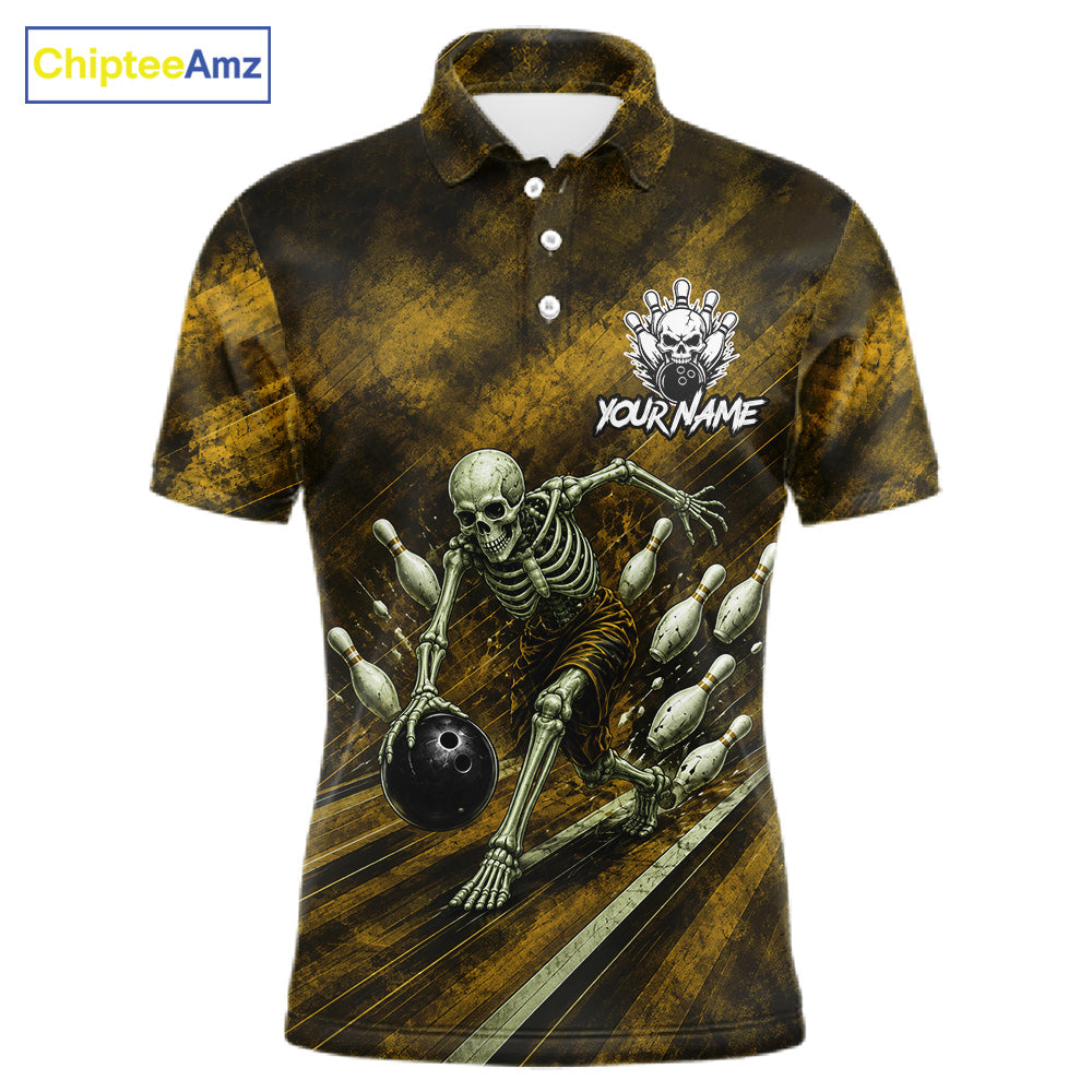 Personalized Bowling Tournament Jersey & Custom Team Shirts, Yellow Skeleton Bowling Polo For Men NHT1604