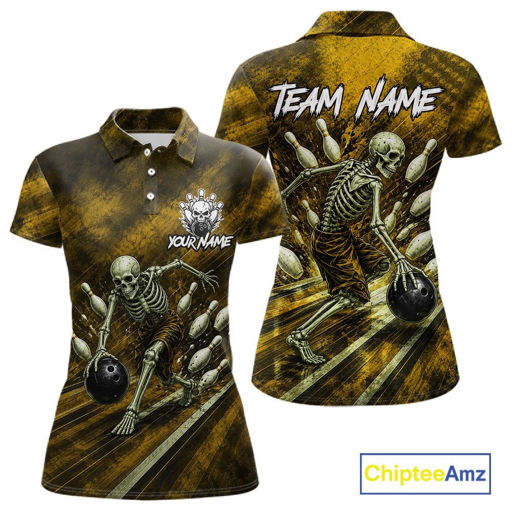 Personalized Bowling Tournament Jersey & Custom Team Shirts, Yellow Skeleton Bowling Polo For Women NHT1604