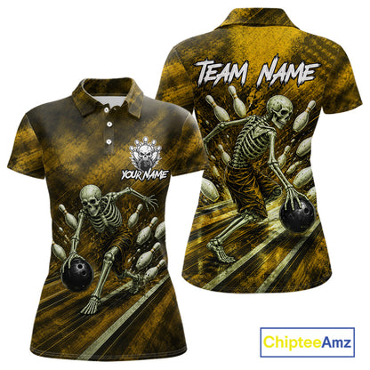 Personalized Bowling Tournament Jersey & Custom Team Shirts, Yellow Skeleton Bowling Polo For Women NHT1604