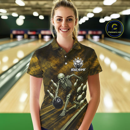 Personalized Bowling Tournament Jersey & Custom Team Shirts, Yellow Skeleton Bowling Polo For Women NHT1604
