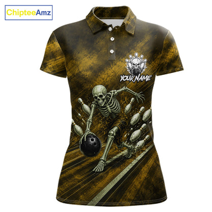 Personalized Bowling Tournament Jersey & Custom Team Shirts, Yellow Skeleton Bowling Polo For Women NHT1604