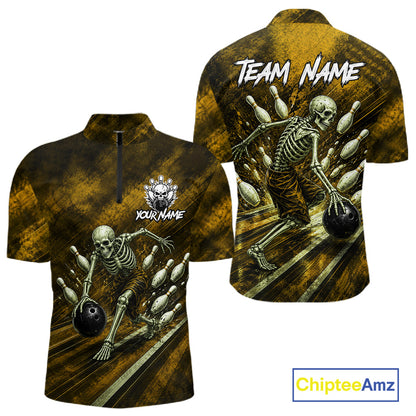 Personalized Bowling Tournament Jersey & Custom Team Shirts, Yellow Skeleton Bowling Polo For Men NHT1604
