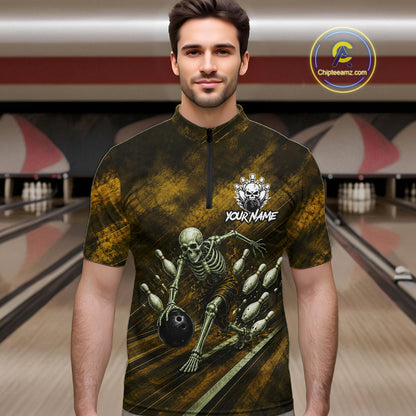 Personalized Bowling Tournament Jersey & Custom Team Shirts, Yellow Skeleton Bowling Polo For Men NHT1604