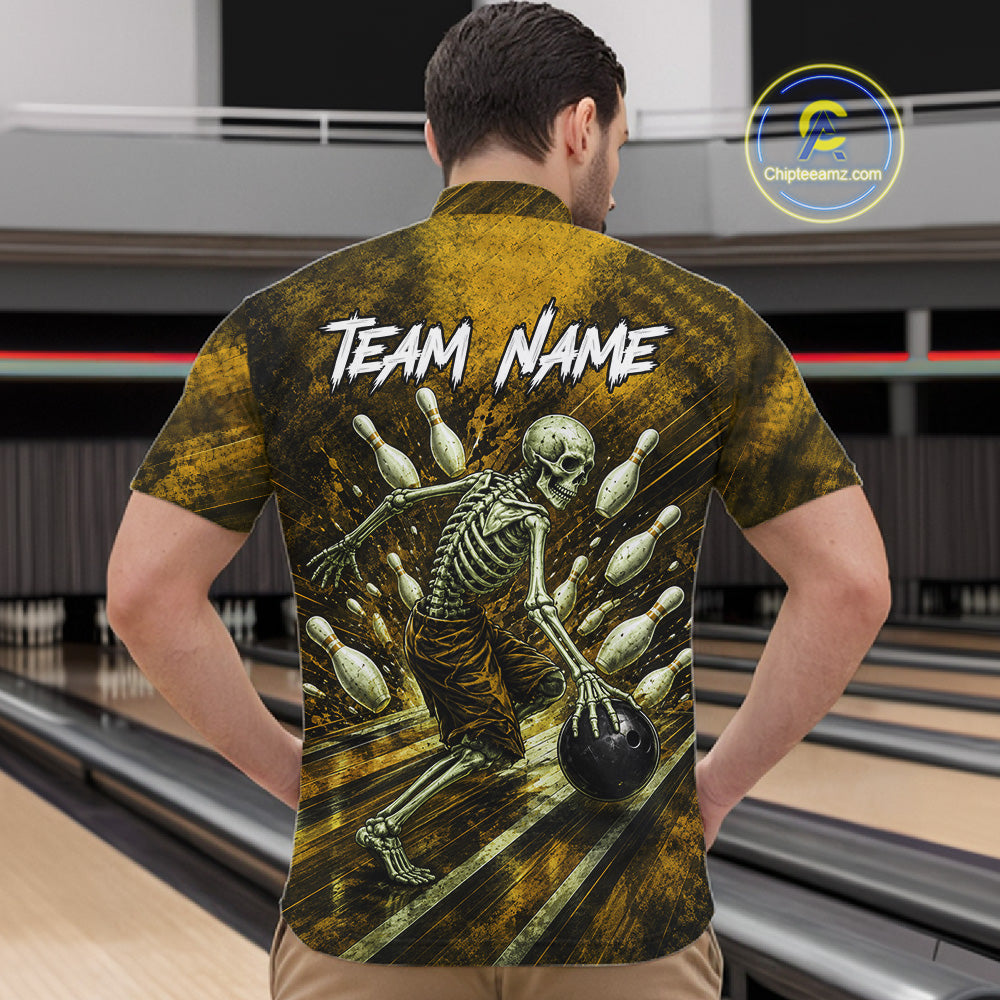 Personalized Bowling Tournament Jersey & Custom Team Shirts, Yellow Skeleton Bowling Polo For Men NHT1604