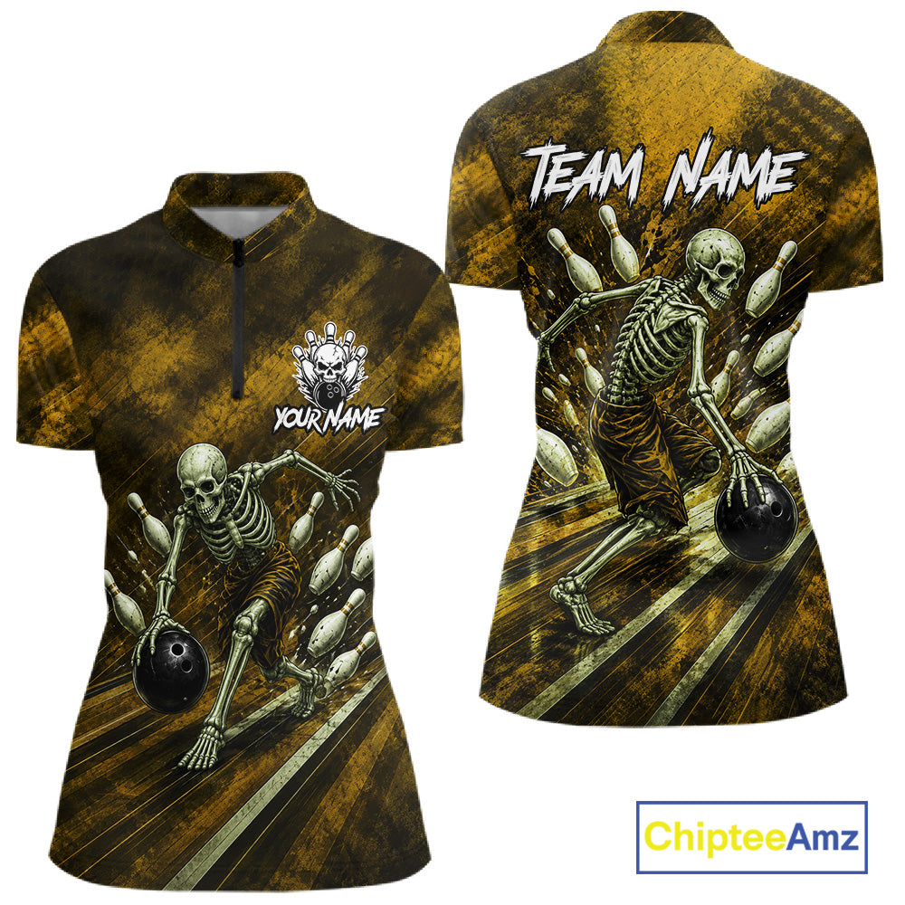 Personalized Bowling Tournament Jersey & Custom Team Shirts, Yellow Skeleton Bowling Polo For Women NHT1604