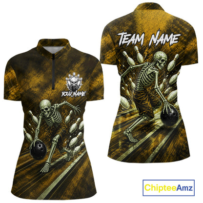 Personalized Bowling Tournament Jersey & Custom Team Shirts, Yellow Skeleton Bowling Polo For Women NHT1604