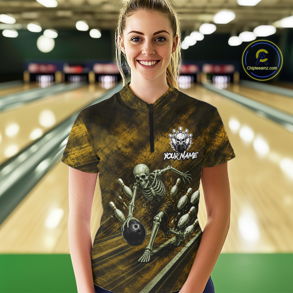 Personalized Bowling Tournament Jersey & Custom Team Shirts, Yellow Skeleton Bowling Polo For Women NHT1604