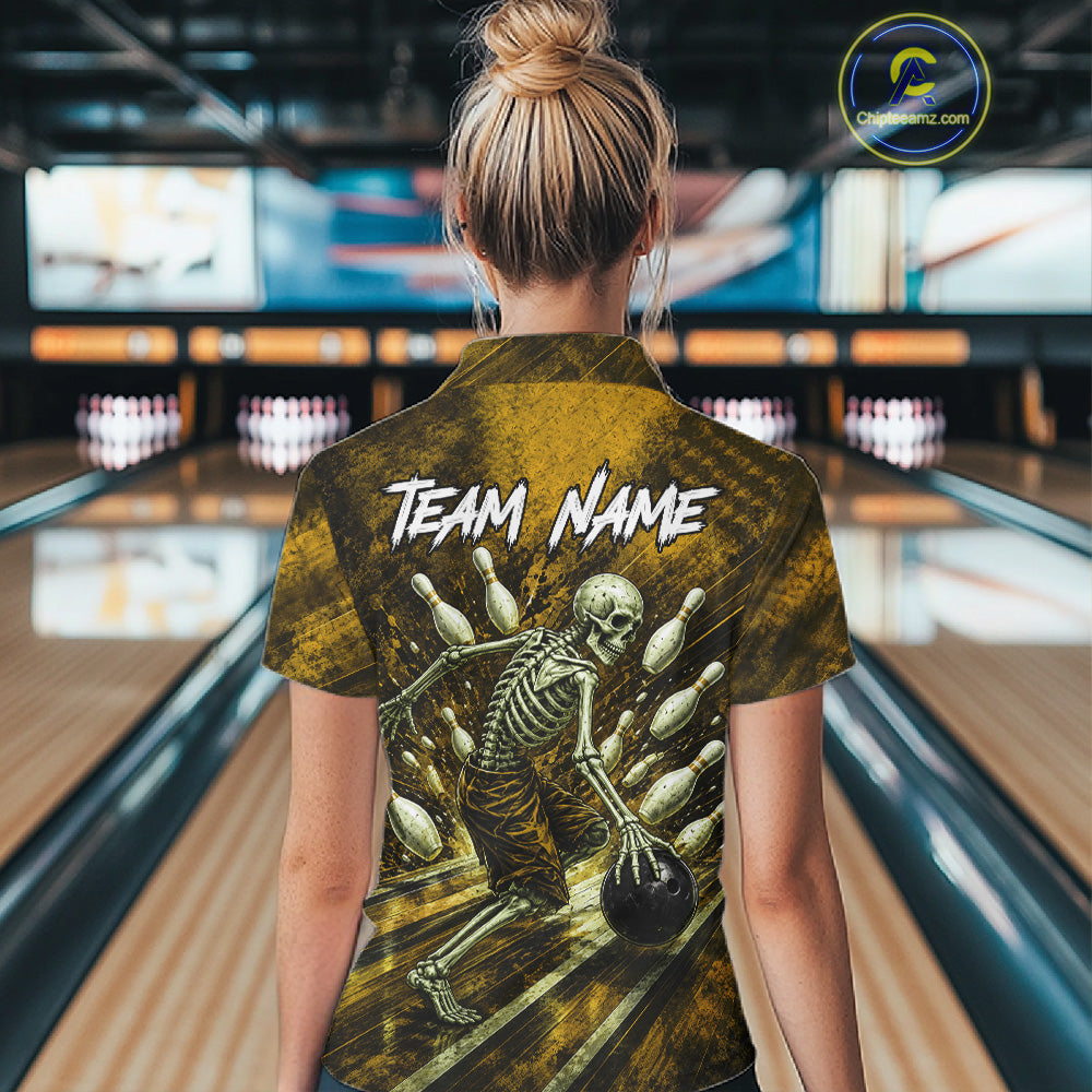 Personalized Bowling Tournament Jersey & Custom Team Shirts, Yellow Skeleton Bowling Polo For Women NHT1604