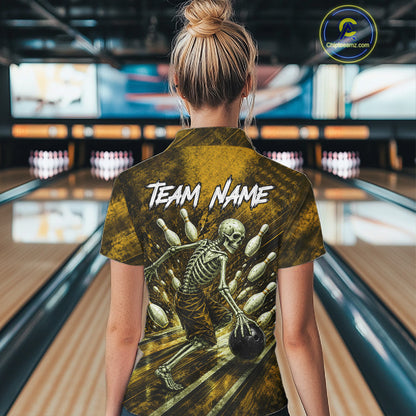 Personalized Bowling Tournament Jersey & Custom Team Shirts, Yellow Skeleton Bowling Polo For Women NHT1604
