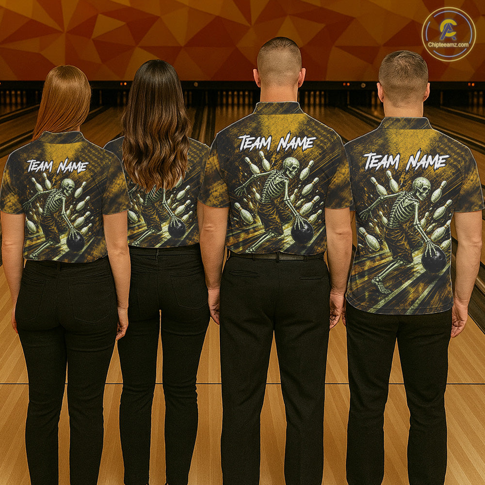 Personalized Bowling Tournament Jersey & Custom Team Shirts, Yellow Skeleton Bowling Polo For Men NHT1604