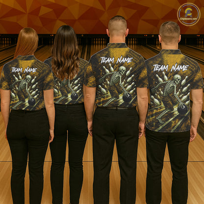 Personalized Bowling Tournament Jersey & Custom Team Shirts, Yellow Skeleton Bowling Polo For Men NHT1604