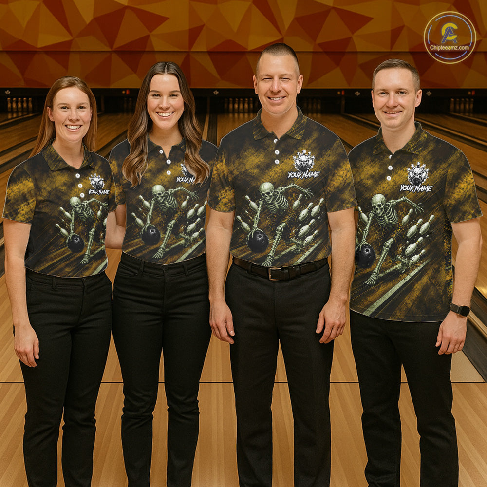 Personalized Bowling Tournament Jersey & Custom Team Shirts, Yellow Skeleton Bowling Polo For Men NHT1604