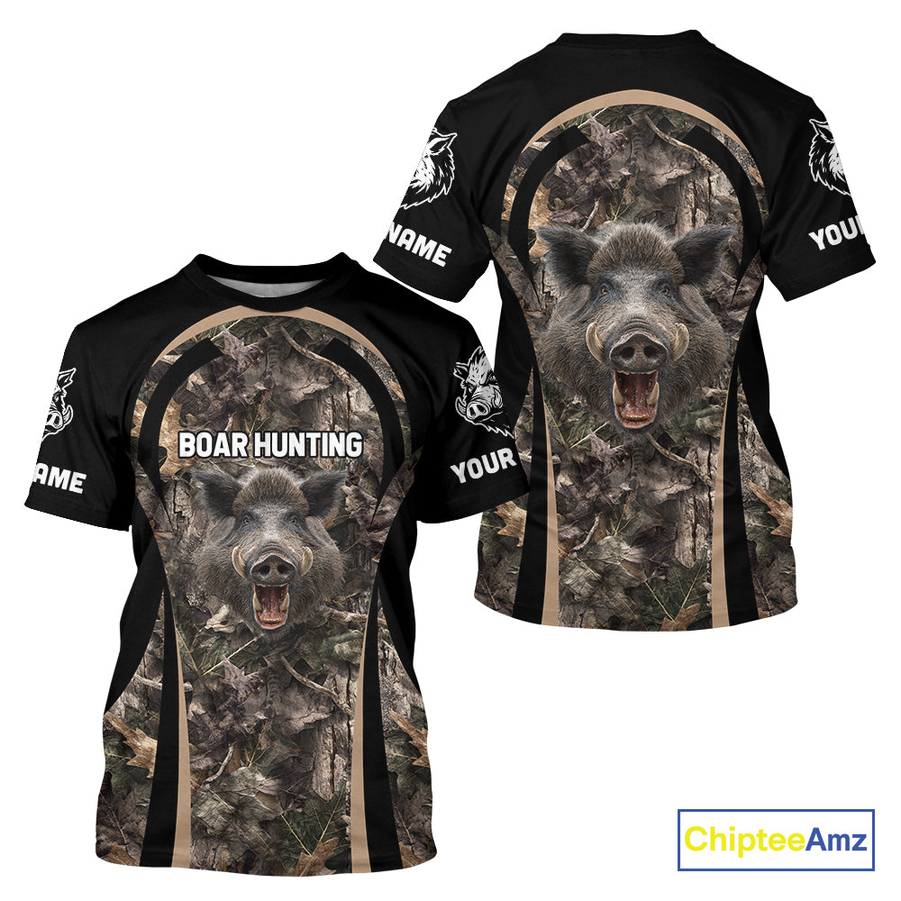 Custom Wild Hog Hunting Black Camo Forest 3D Printed Shirts, Hunting Gifts for Boar Hunter NHT262