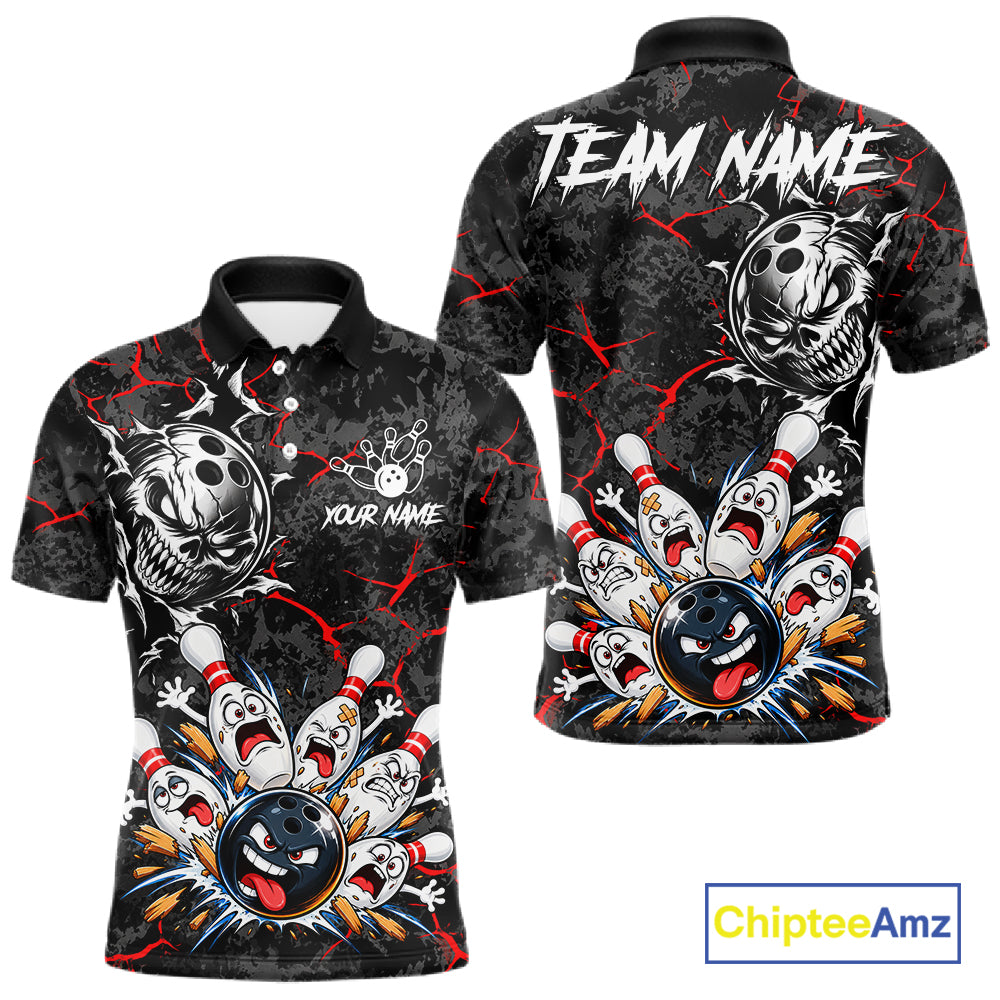 Angry Bowling Ball Skull Polo Shirt For Men Custom Red Black Team Tournament Jersey NHT1771