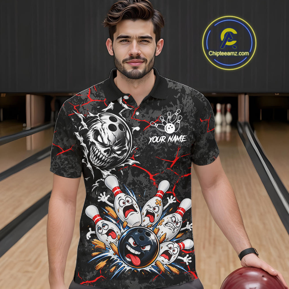 Angry Bowling Ball Skull Polo Shirt For Men Custom Red Black Team Tournament Jersey NHT1771