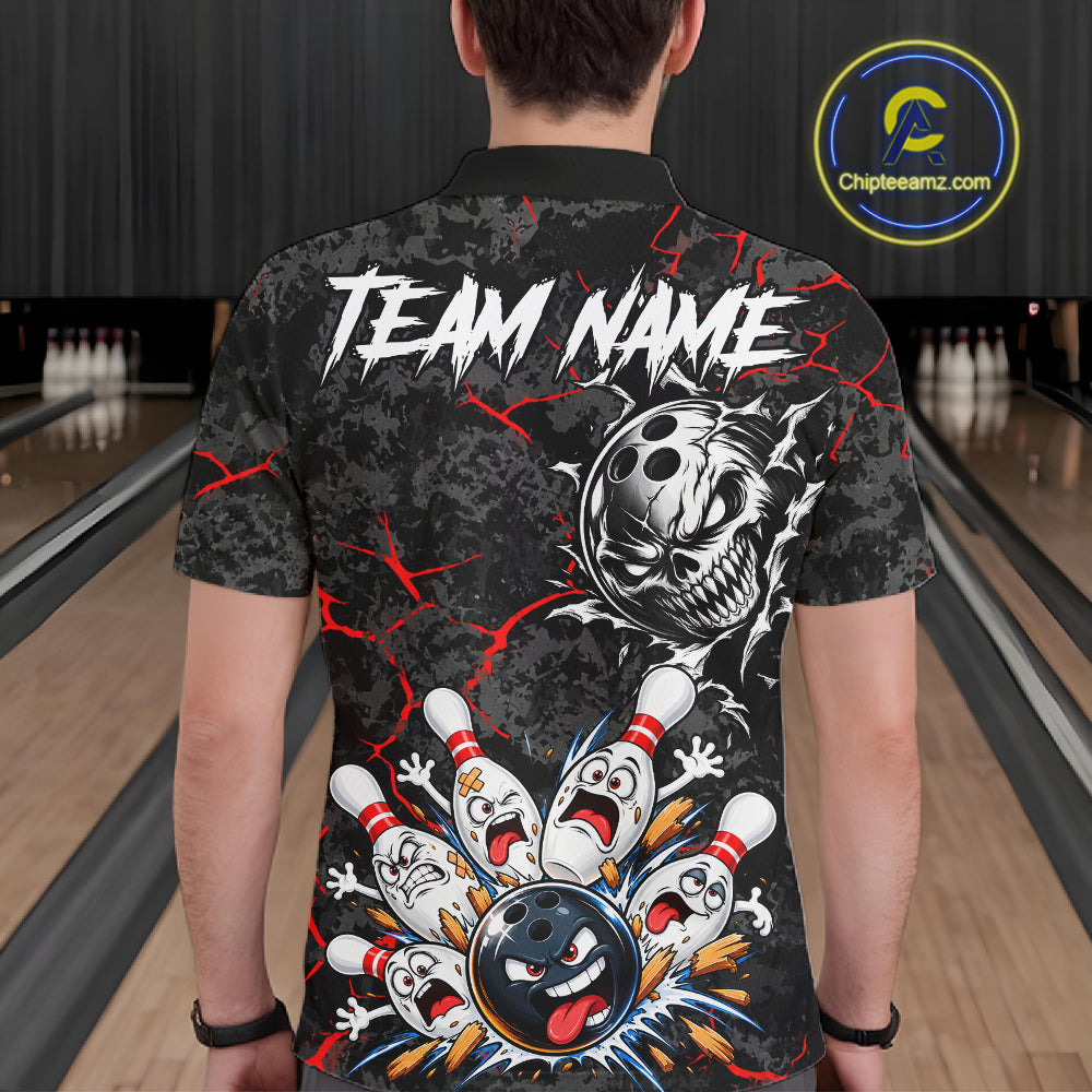 Angry Bowling Ball Skull Polo Shirt For Men Custom Red Black Team Tournament Jersey NHT1771
