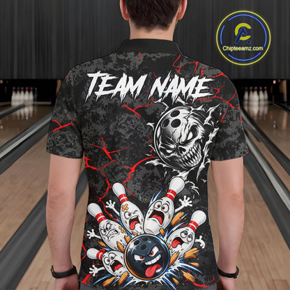 Angry Bowling Ball Skull Polo Shirt For Men Custom Red Black Team Tournament Jersey NHT1771