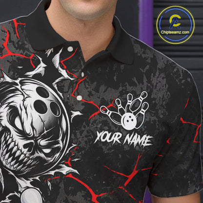 Angry Bowling Ball Skull Polo Shirt For Men Custom Red Black Team Tournament Jersey NHT1771