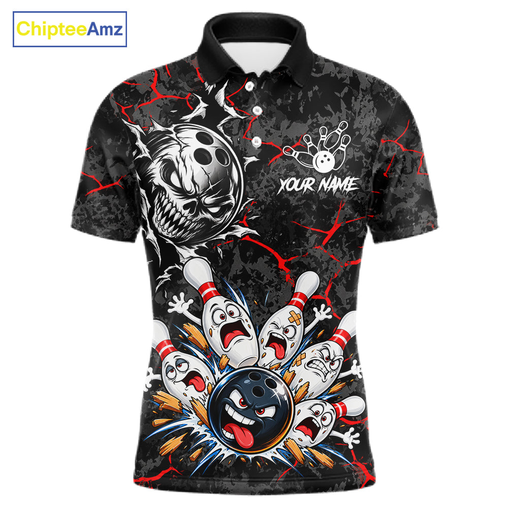 Angry Bowling Ball Skull Polo Shirt For Men Custom Red Black Team Tournament Jersey NHT1771