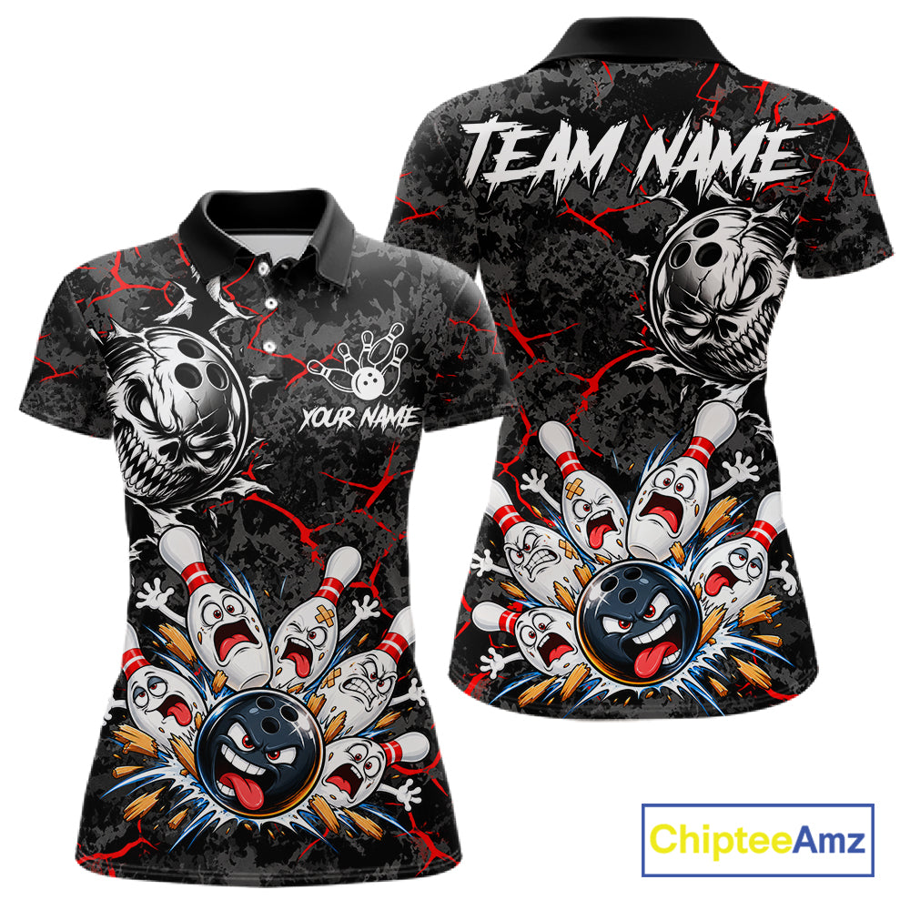 Angry Bowling Ball Skull Polo Shirt For Women Custom Red Black Team Tournament Jersey NHT1771