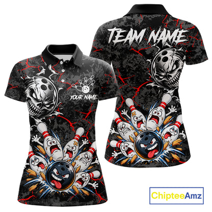 Angry Bowling Ball Skull Polo Shirt For Women Custom Red Black Team Tournament Jersey NHT1771